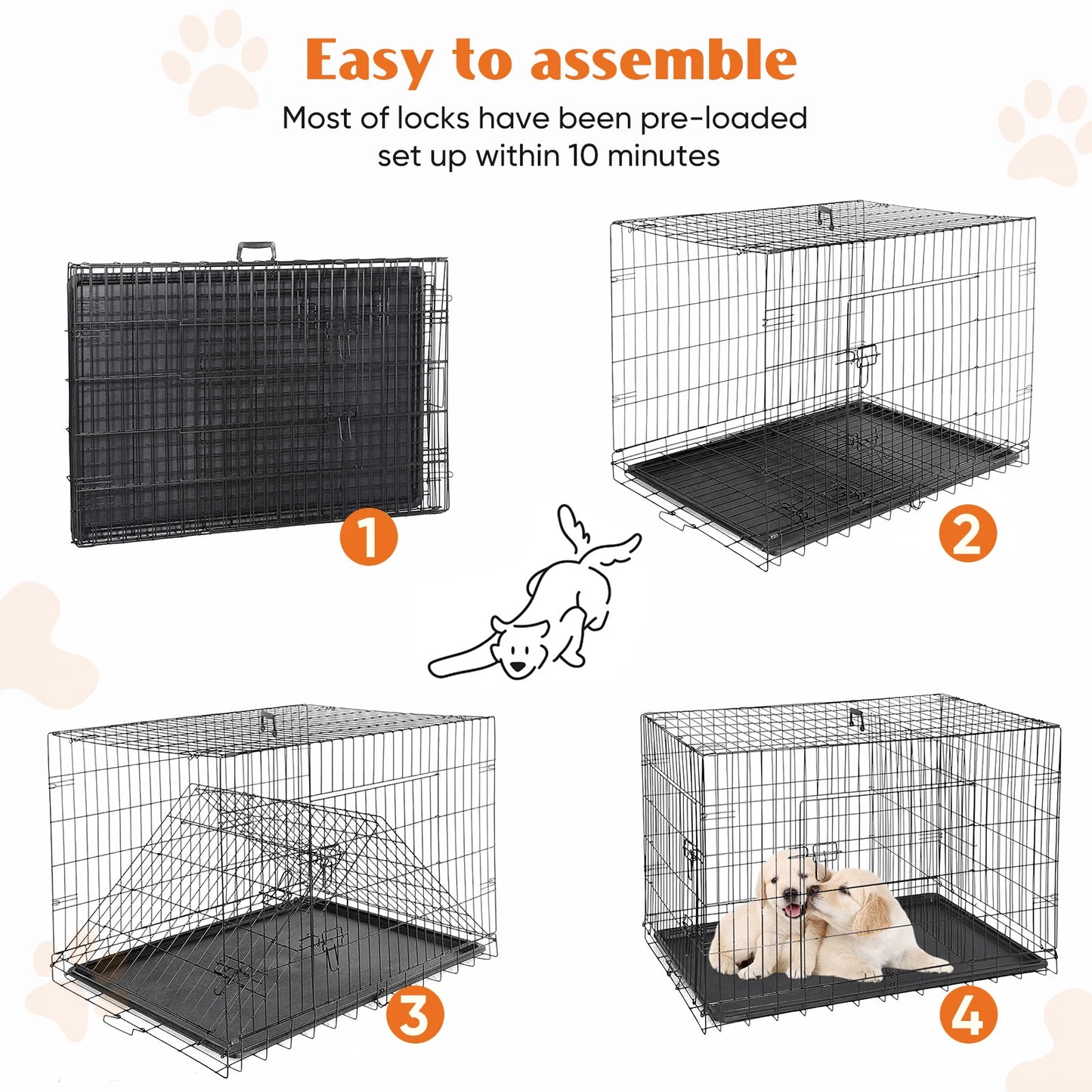 JHK Double Door Folding Metal Wire Dog Cage with Plastic Leak-Proof Pan Tray Extra Large Pet Kennel