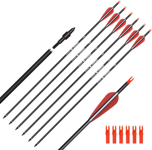 6 or 12PCS 26/28/30" Carbon Arrows for Compound Bows, Spine 500 with 100 Grain Screw Tips