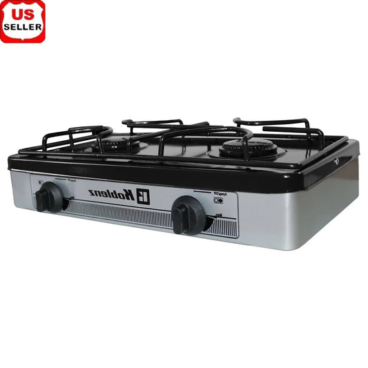 2-Burner Outdoor Stove with Adjustable Flames LP Gas Manual Ignition Includes Compression Connector