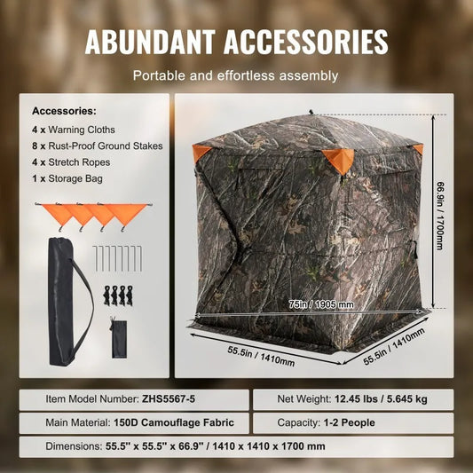 Hunting Blind, 270° See Through Ground Blind, 1-2 Person Pop Up Blind for Hunting with Carrying Bag