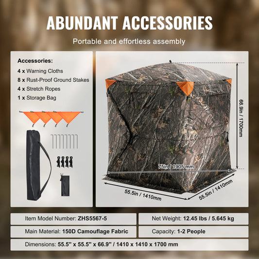 Hunting Blind, 270° See Through Ground Blind, 2-3 Person Pop Up Blind for Hunting with Carrying Bag