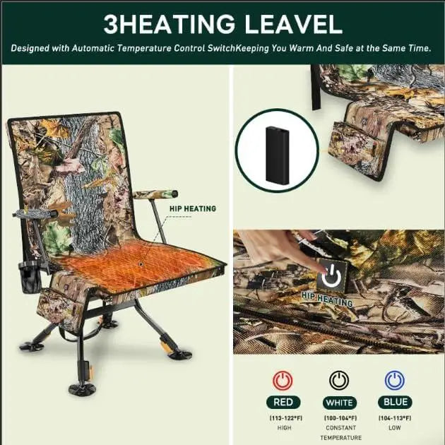 W-Hunting Blind Chair with Detachable Seat Cover and Heater, 360 Degree Silent Swivel Hunting Chair with Armrest
