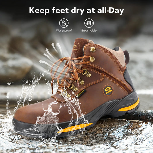 Hiking Boots Soft Toe, Slip Resistant Safety Shoes, Waterproof Anti-Fatigue Brown