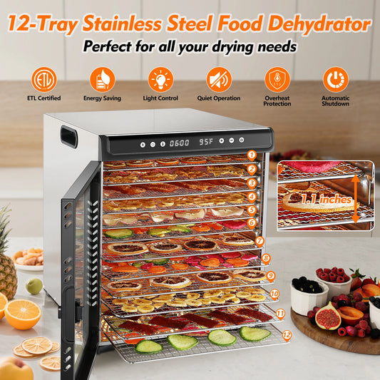 12-Tray 1300W Commercial Grade, 360° Even Drying for Jerky/Fruits, ETL Certified with 72H Timer Food Dehydrator