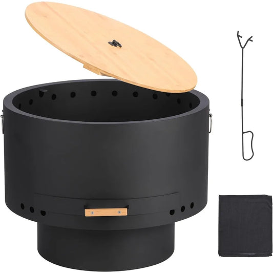 Smokeless Firepit- 26" Wood Burning Fire Pit with 360° Airflow, Removable Ash Pan & Bamboo Lid -