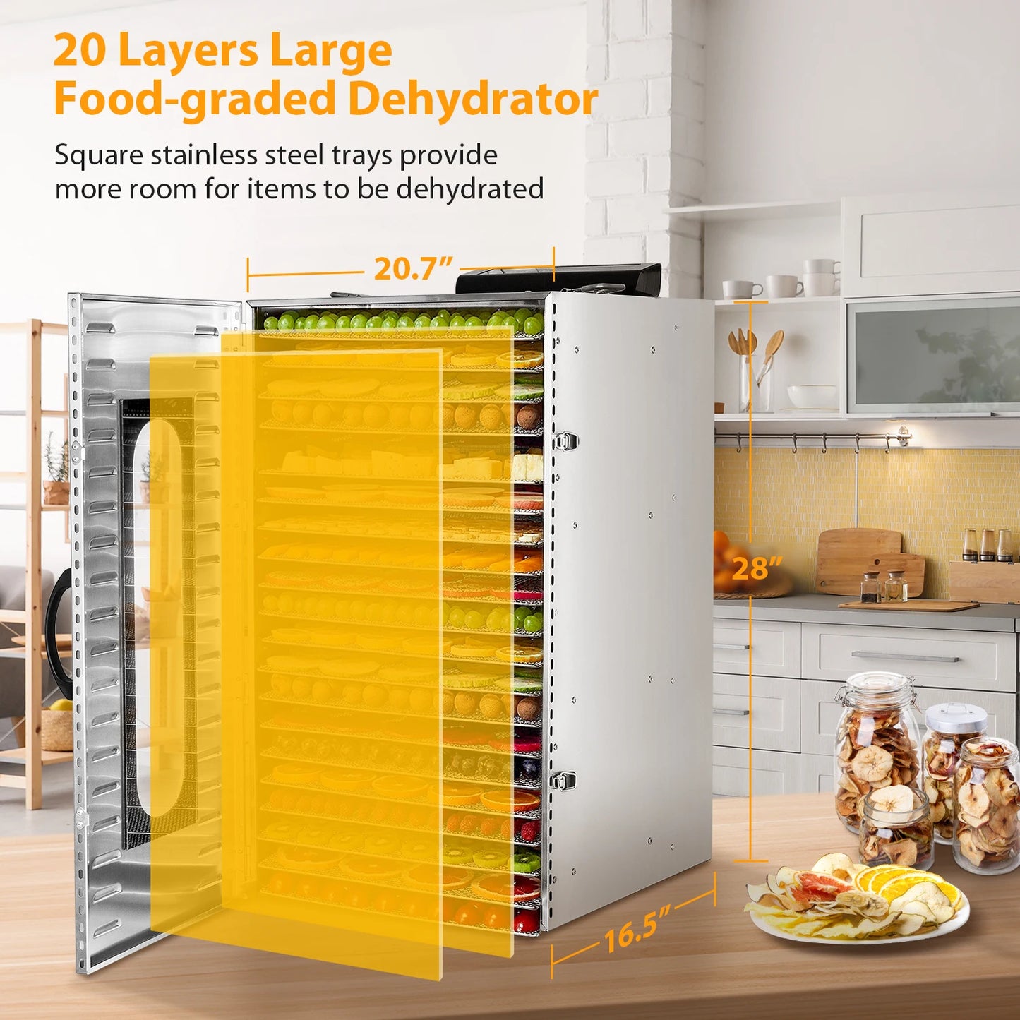 Commercial Grade Food Dehydrator Machine 110V 1500W Stainless Steel 20 Trays Capacity w/Timer