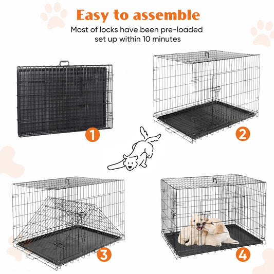 JHK Double Door Folding Metal Wire Dog Cage with Plastic Leak-Proof Pan Tray Extra Large Pet Kennel