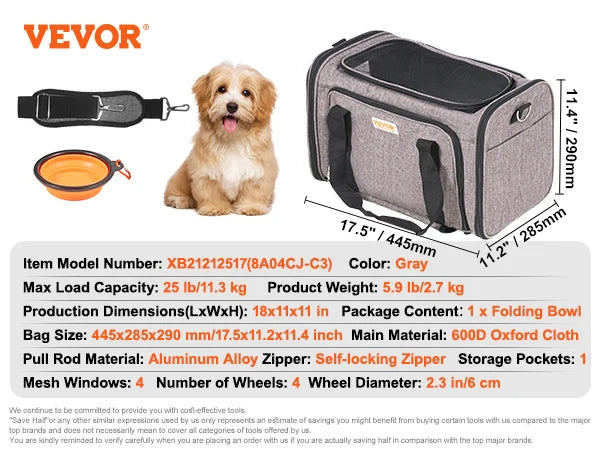 Pet Cat Carrier Breathable Backpack with Telescopic Handle Wheels and Shoulder Strap