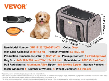 Pet Cat Carrier Breathable Backpack with Telescopic Handle Wheels and Shoulder Strap
