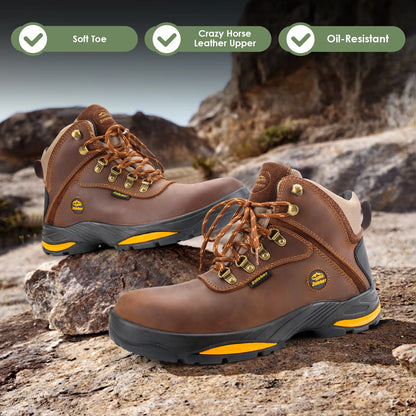 Hiking Boots Soft Toe, Slip Resistant Safety Shoes, Waterproof Anti-Fatigue Brown