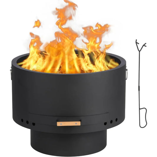 Smokeless Firepit- 26" Wood Burning Fire Pit with 360° Airflow, Removable Ash Pan & Bamboo Lid -