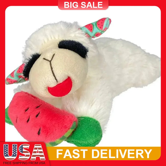 Lamb Chop Plush Dog Toy with Watermelon 8 Inch Squeaky Soft Chew Toy