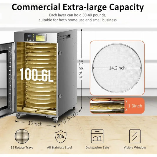 360 Rotating Dehydrator 16 Trays, Commercial Large Capacity Auto-Rotate Food Dryer Machine,1500W Fast Drying