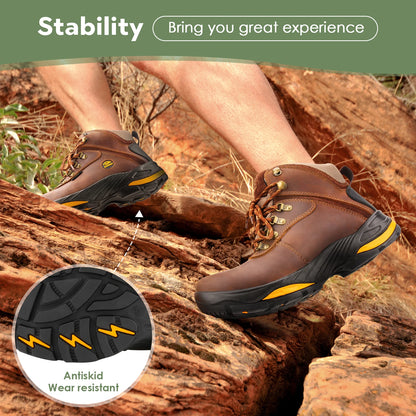 Hiking Boots Soft Toe, Slip Resistant Safety Shoes, Waterproof Anti-Fatigue Brown