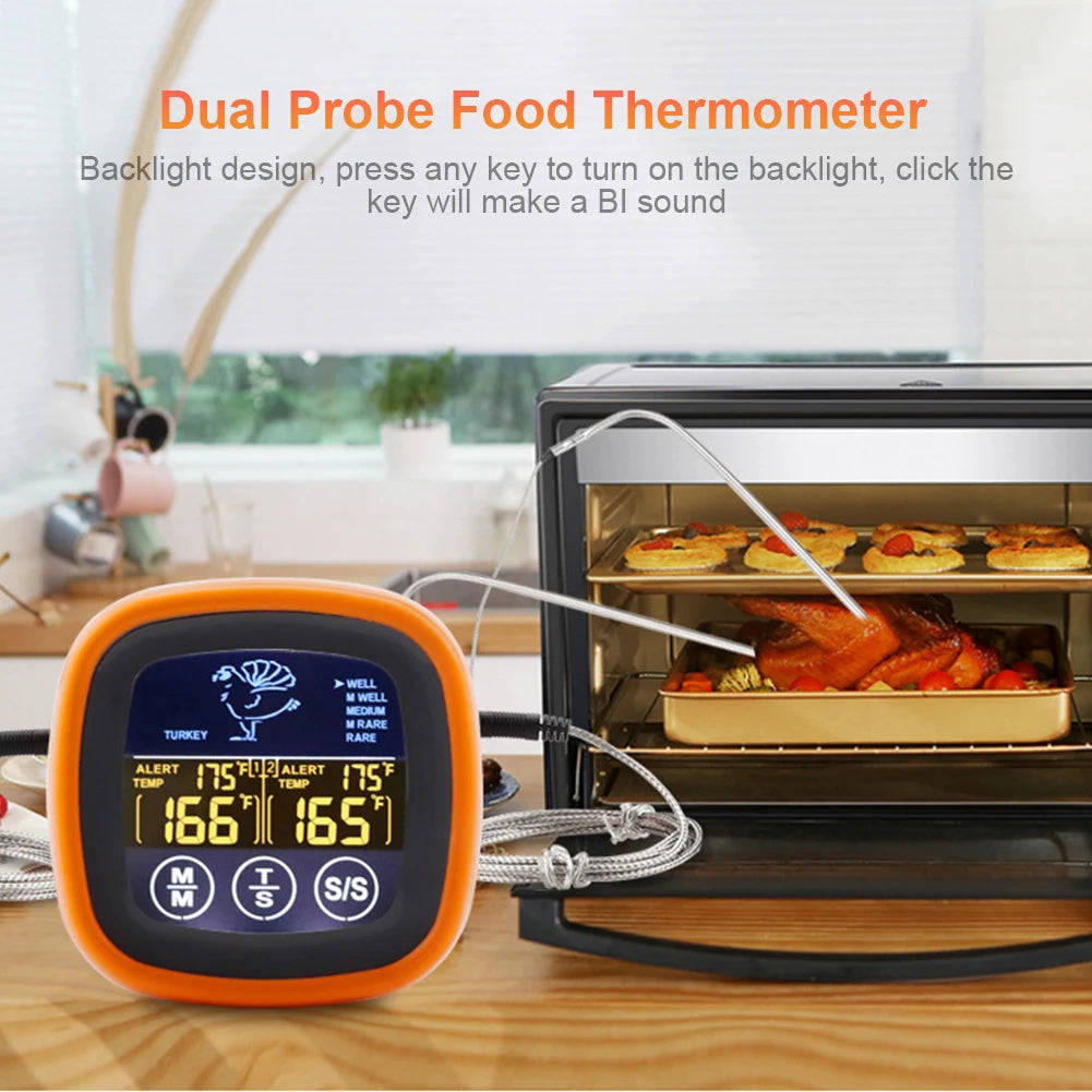 Digital Meat Kitchen Thermometer Touch Screen Waterproof Oven Cooking BBQ Temperature Meter Timer Mode for Grilling BBQ Cooking