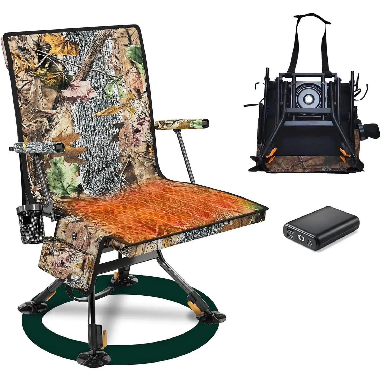 W-Hunting Blind Chair with Detachable Seat Cover and Heater, 360 Degree Silent Swivel Hunting Chair with Armrest