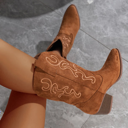Women's slip-on women's boots, classic elegant retro style, embroidered design western boots