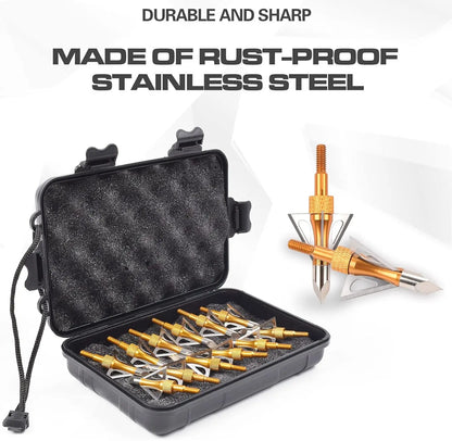 12PK 3 Blades Hunting Screw-in Broadheads 100 Grain Arrow Tips  1 PK Broadhead Storage Case