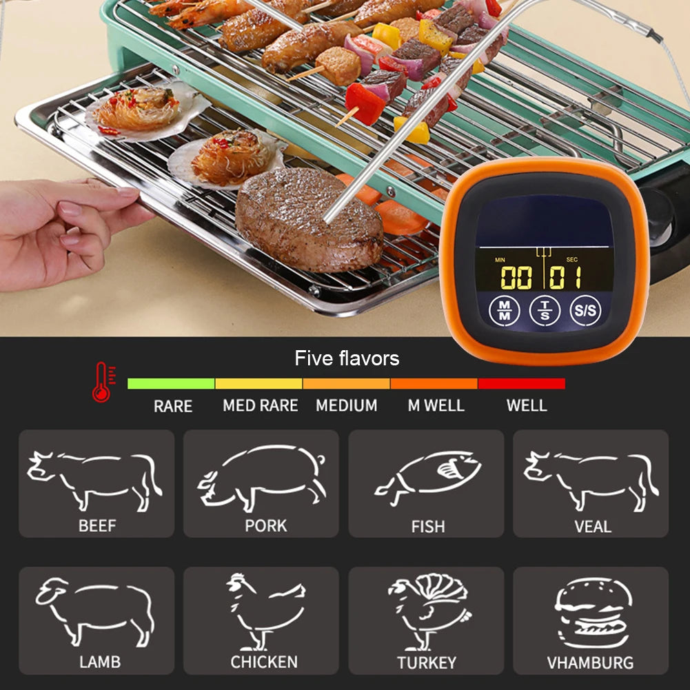 Digital Meat Kitchen Thermometer Touch Screen Waterproof Oven Cooking BBQ Temperature Meter Timer Mode for Grilling BBQ Cooking