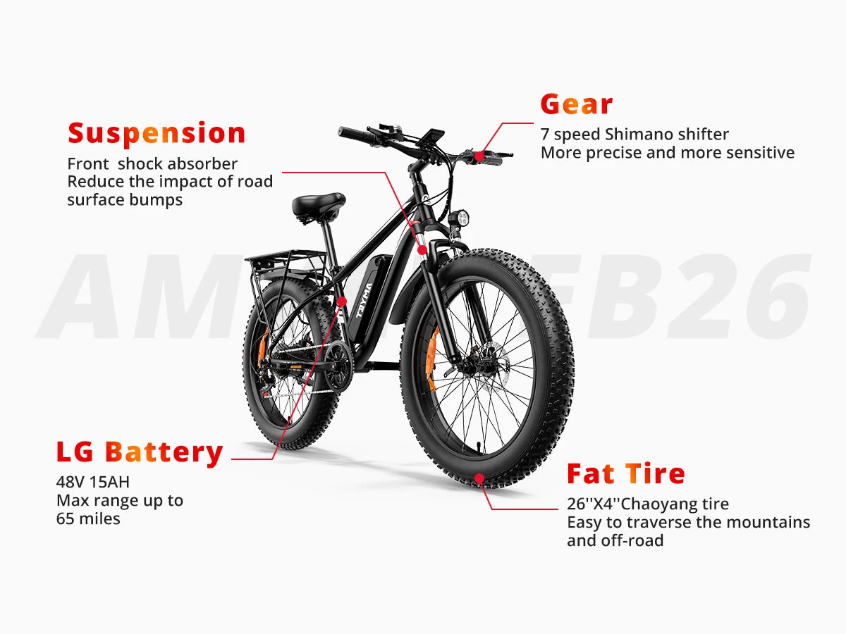 Electric Bike for Adults 1000W Electric Bicycle 48V 15AH E Bike 26" Fat Tire Mountain 31mph Dual Shock Absorber