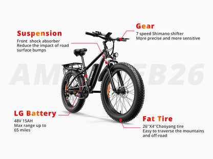 Electric Bike for Adults 1000W Electric Bicycle 48V 15AH E Bike 26" Fat Tire Mountain 31mph Dual Shock Absorber