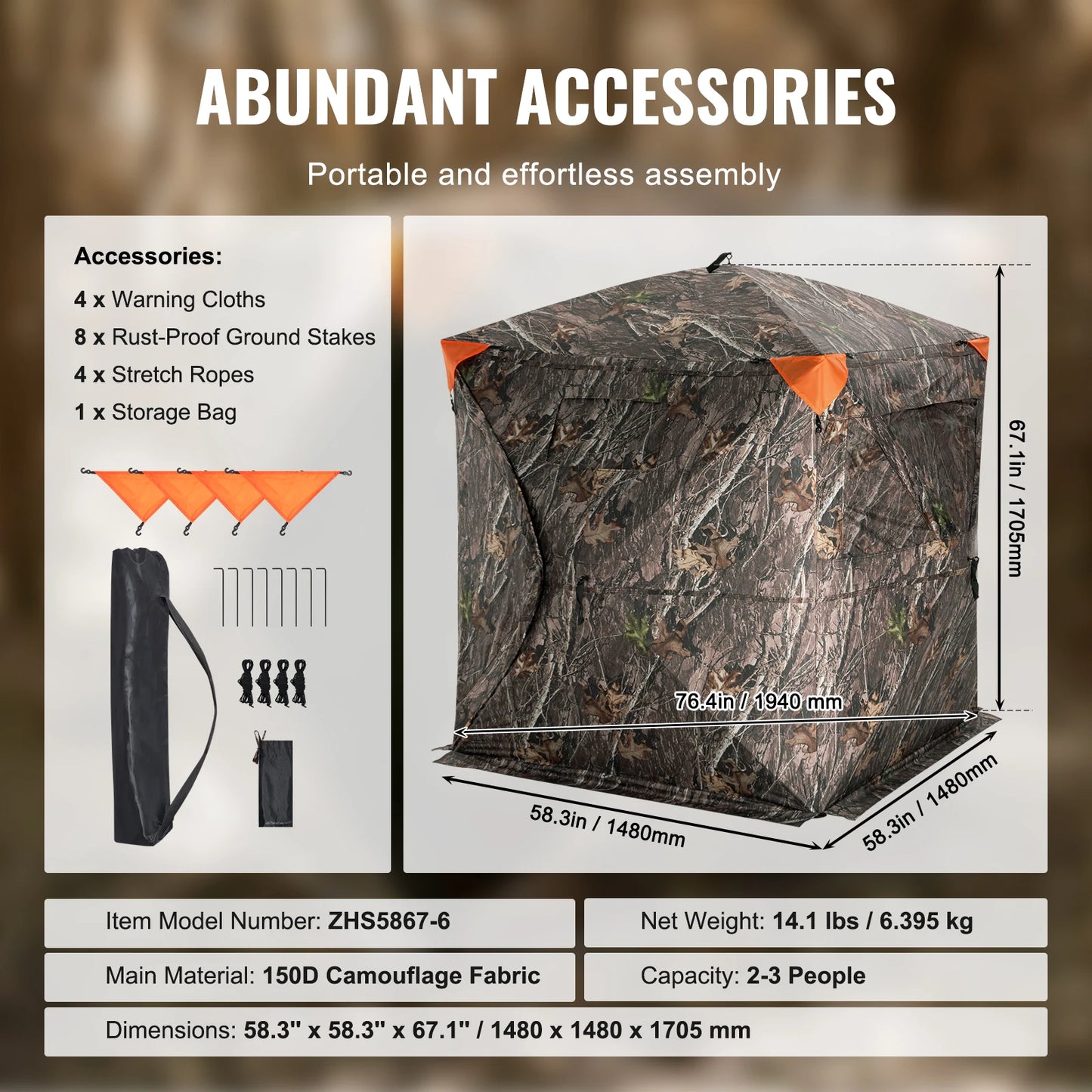 Hunting Blind, 270° See Through Ground Blind, 2-3 Person Pop Up Blind for Hunting with Carrying Bag