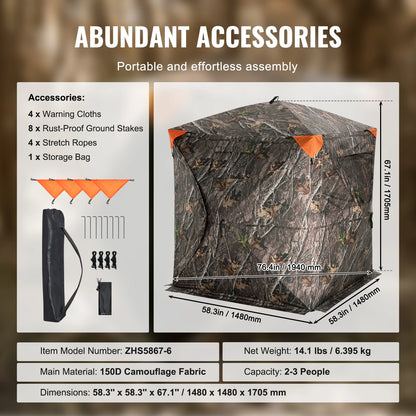 Hunting Blind, 270° See Through Ground Blind, 2-3 Person Pop Up Blind for Hunting with Carrying Bag