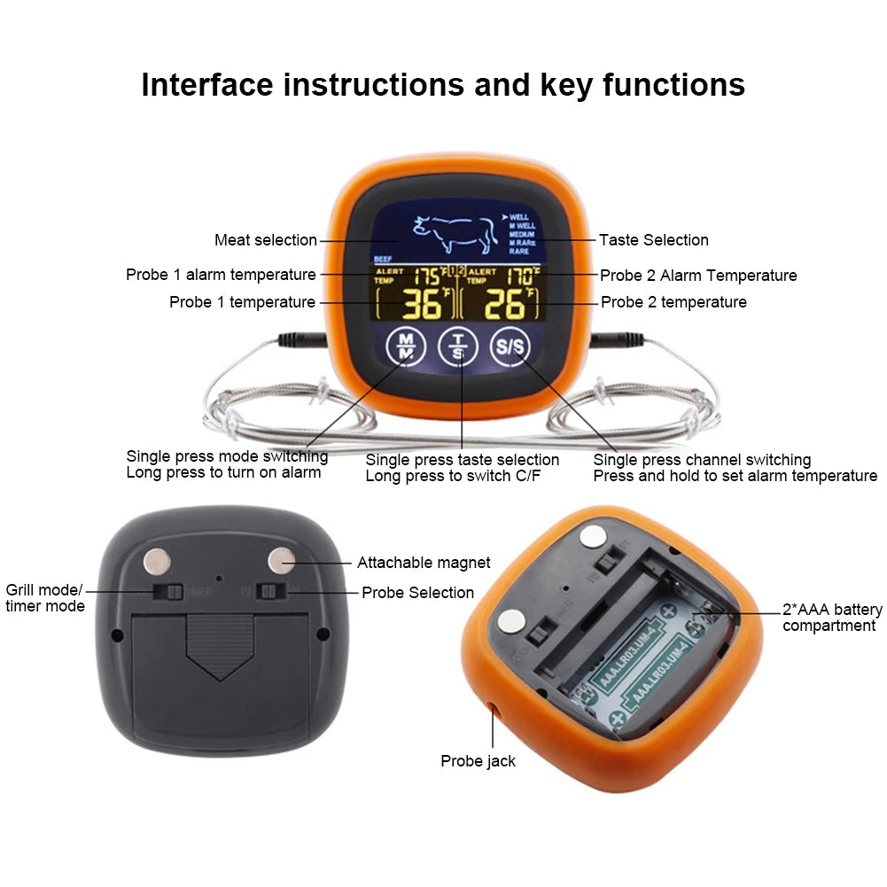 Digital Meat Kitchen Thermometer Touch Screen Waterproof Oven Cooking BBQ Temperature Meter Timer Mode for Grilling BBQ Cooking