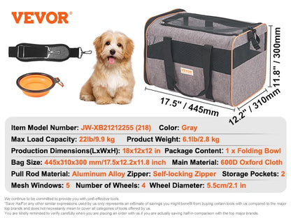 Pet Cat Carrier Breathable Backpack with Telescopic Handle Wheels and Shoulder Strap