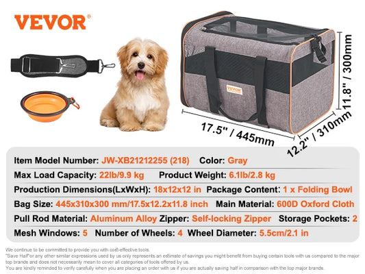 Pet Cat Carrier Breathable Backpack with Telescopic Handle Wheels and Shoulder Strap
