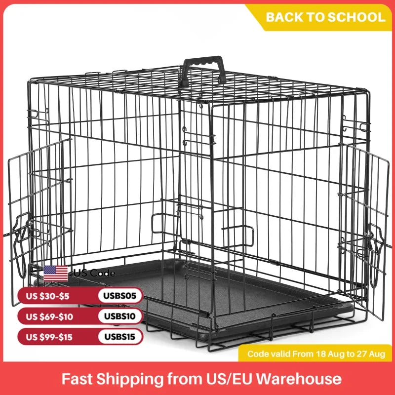 JHK Double Door Folding Metal Wire Dog Cage with Plastic Leak-Proof Pan Tray Extra Large Pet Kennel
