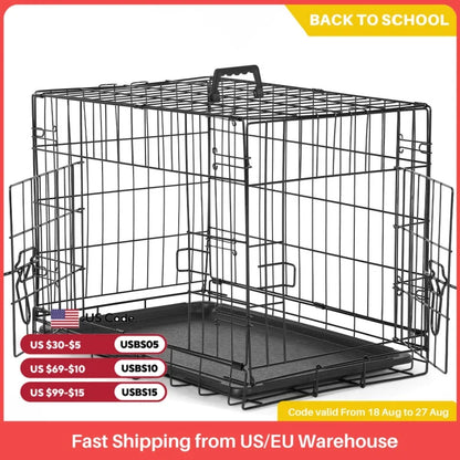 JHK Double Door Folding Metal Wire Dog Cage with Plastic Leak-Proof Pan Tray Extra Large Pet Kennel