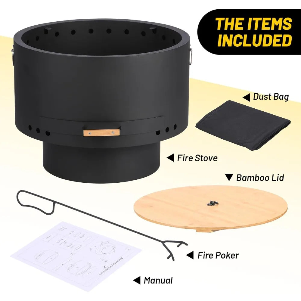 Smokeless Firepit- 26" Wood Burning Fire Pit with 360° Airflow, Removable Ash Pan & Bamboo Lid -