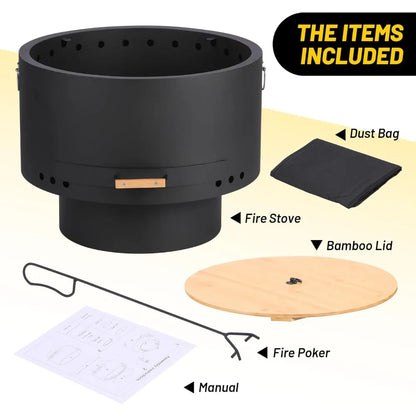 Smokeless Firepit- 26" Wood Burning Fire Pit with 360° Airflow, Removable Ash Pan & Bamboo Lid -