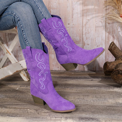 Women's slip-on women's boots, classic elegant retro style, embroidered design western boots