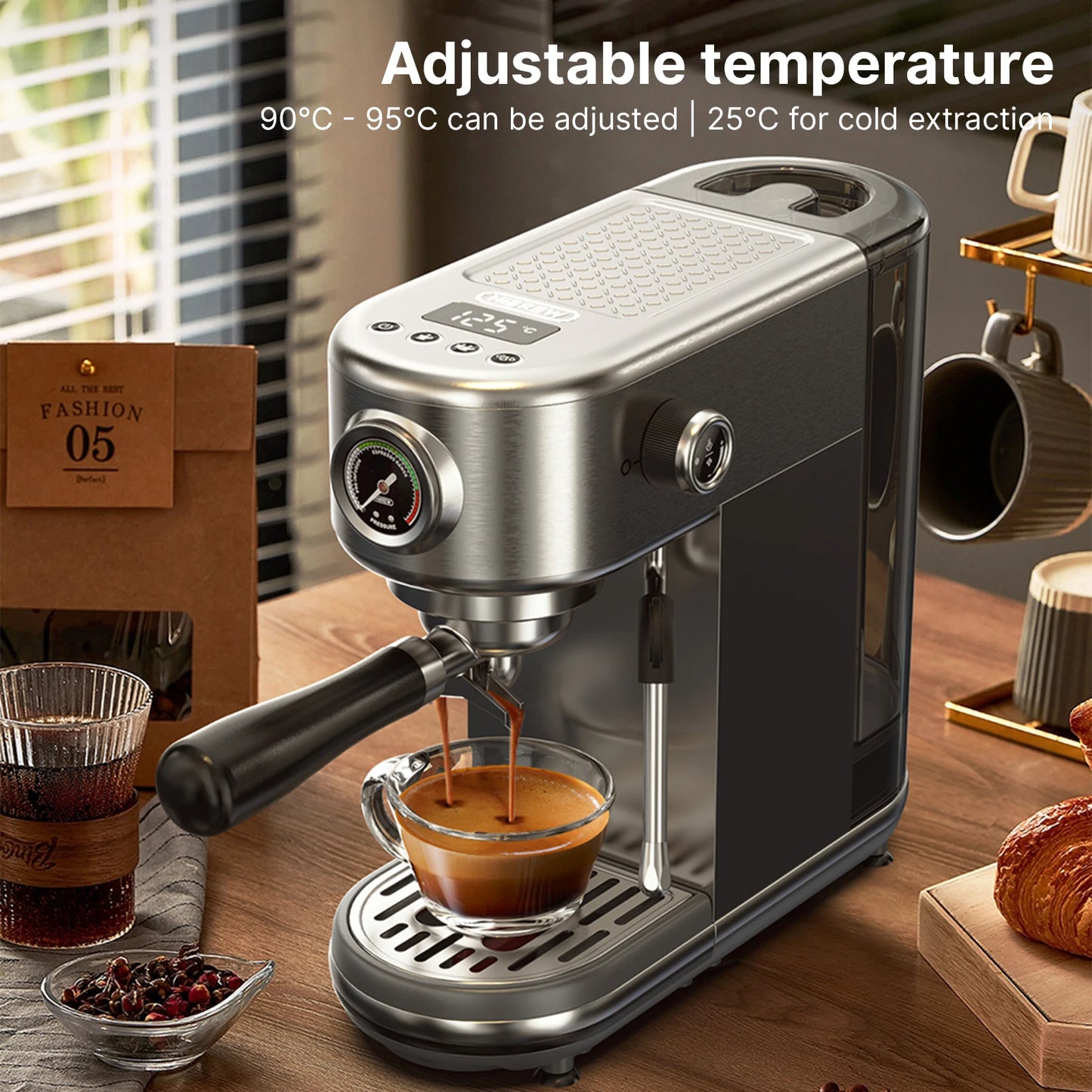 Espresso Coffee Machine Semi-Automatic Adjustable Temperature & Cup Volume Removable Water Tank