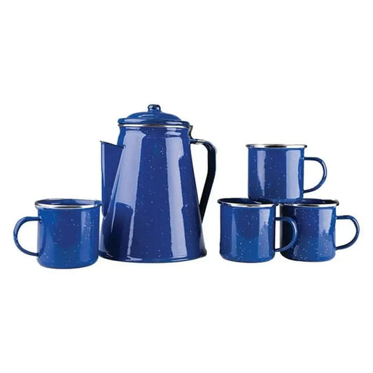 8 Cup Enamel Percolator Coffee Pot 4 Stainless Steel Rim Mugs Set Blue Camp Coffee Kit