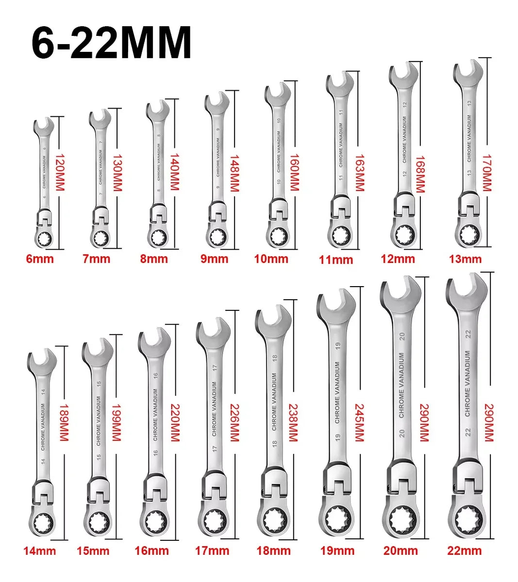Flexible Ratcheting Combination Wrench Set with Carrying Bag