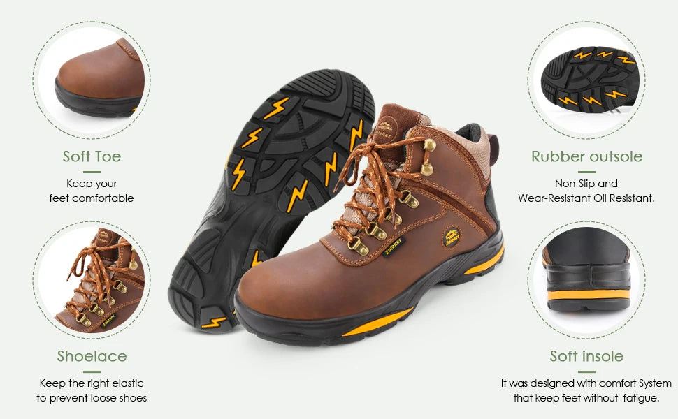Hiking Boots Soft Toe, Slip Resistant Safety Shoes, Waterproof Anti-Fatigue Brown