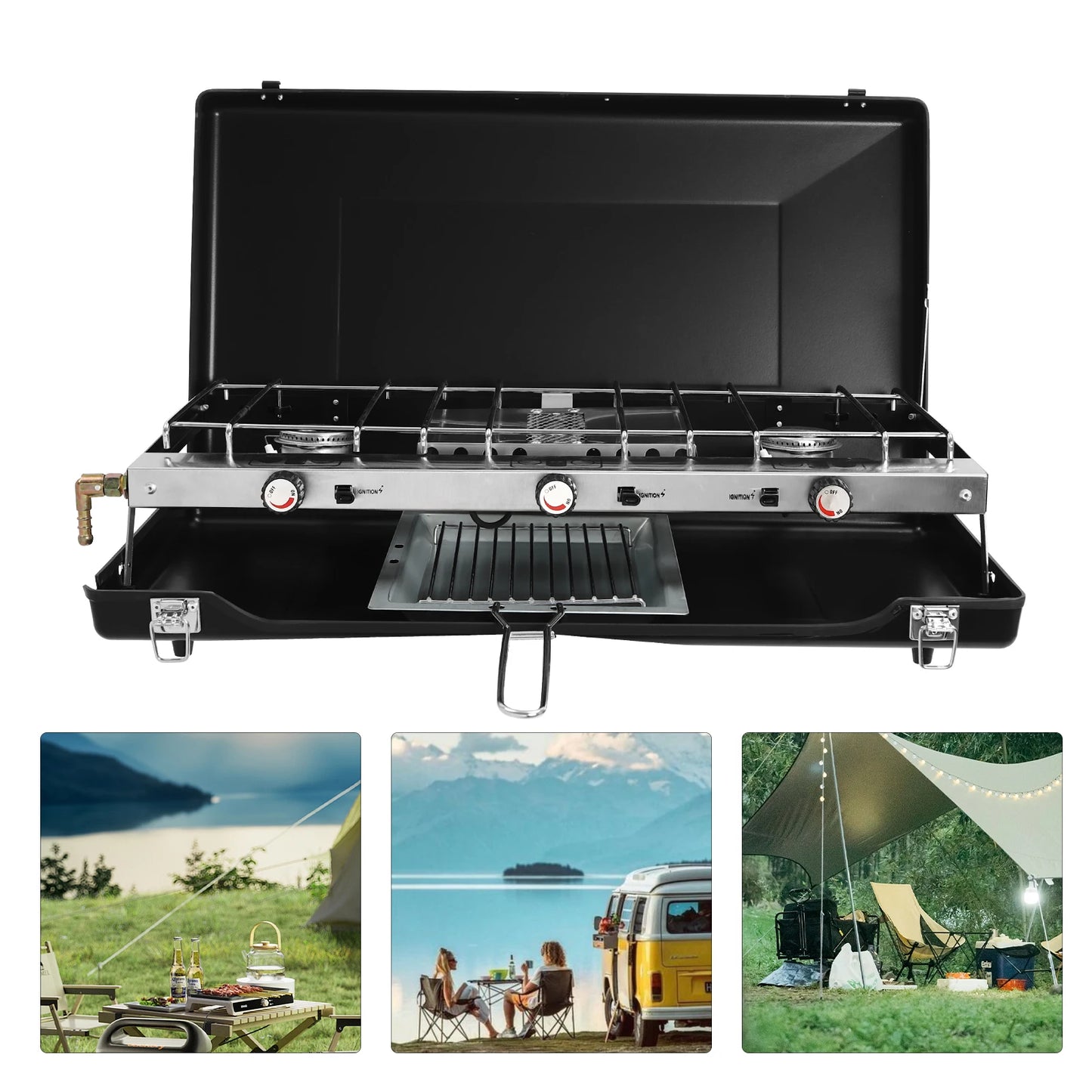Portable Camping Stove w/ Griddle 3 Burner Propane Gas Stove
