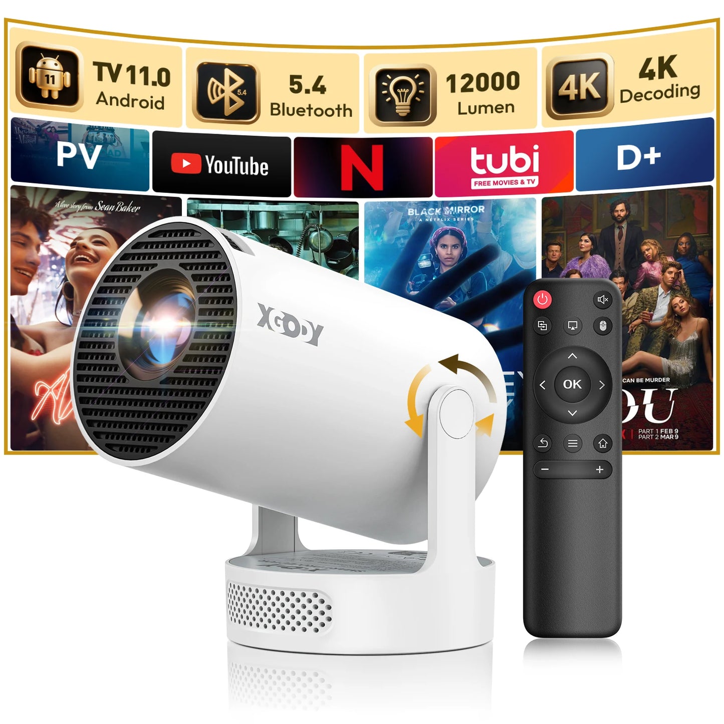 4K 1080p LED Projector Home Theater w/ 12000 Lumens and WiFi 6 Bluetooth 5.0