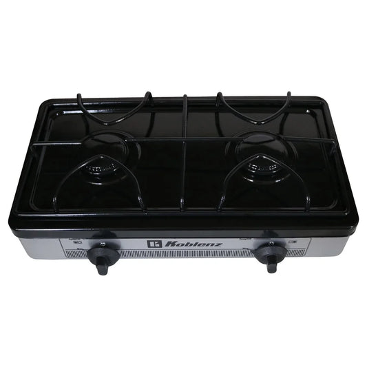 2-Burner Outdoor Stove with Adjustable Flames LP Gas Manual Ignition Includes Compression Connector