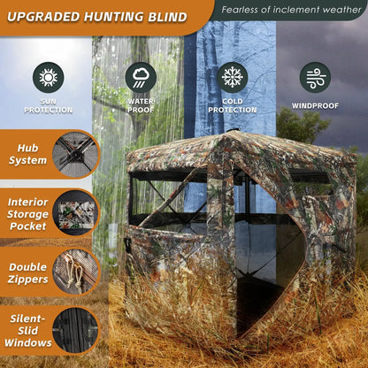 Hunting Blind with Floor Mat, 360 Degree See Through Ground Blind with Carrying Bag, 2/3/4 Person Pop Up