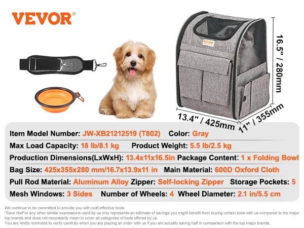 Pet Cat Carrier Breathable Backpack with Telescopic Handle Wheels and Shoulder Strap