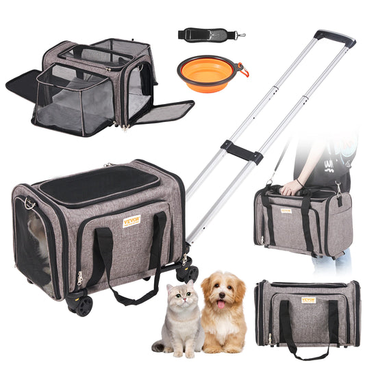 Pet Cat Carrier Breathable Backpack with Telescopic Handle Wheels and Shoulder Strap