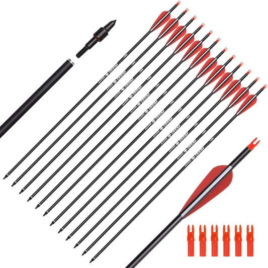 6 or 12PCS 26/28/30" Carbon Arrows for Compound Bows, Spine 500 with 100 Grain Screw Tips