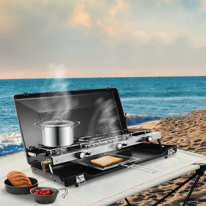 Portable Camping Stove w/ Griddle 3 Burner Propane Gas Stove
