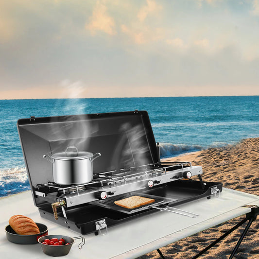 Portable Camping Stove w/ Griddle 3 Burner Propane Gas Stove