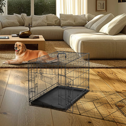 Double Door Folding Metal Wire Dog Cage with Plastic Leak-Proof Pan